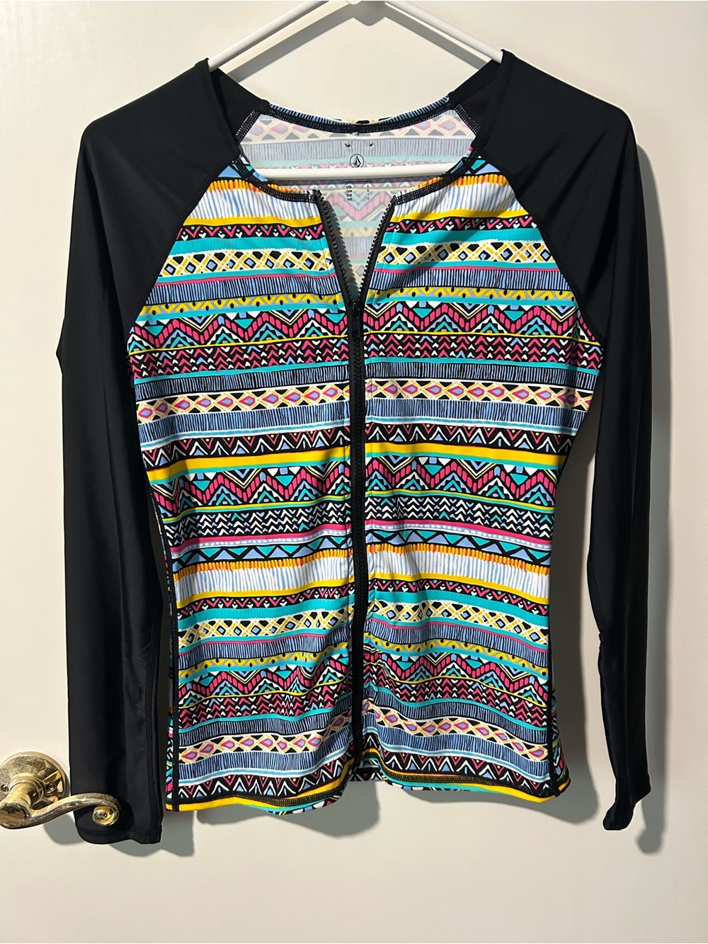 Volcom Multicolor Tribal Zip-Front Rash Guard with Black Trim